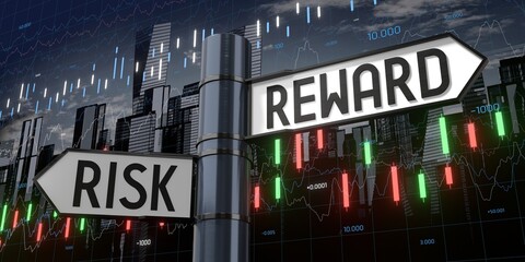 Risk and reward - signpost with two arrows and financial data - 3D illustration © PX Media