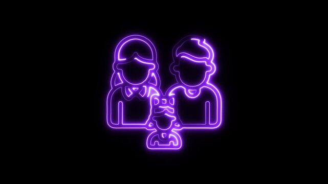Neon purple outline of two people wearing vr headsets and holding a robot