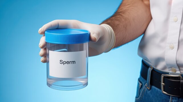 Man holding a plastic container with sperm sample label for fertility testing on blue background