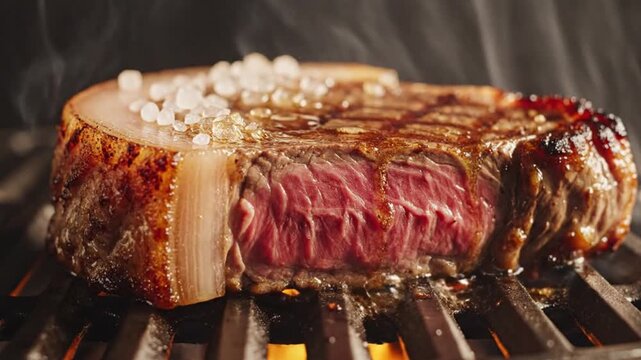 Extreme macro close up of a thick slice of premium Brazilian picanha steak grilling with juices glistening and fat melting on a grill grid.