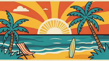 Obraz premium Retro beach scene with palm trees, surfboard, and sunset isolated on a transparent background