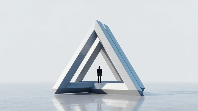 Surreal conceptual illustration of a man's silhouette standing inside a large impossible Penrose triangle structure in a misty minimalist landscape