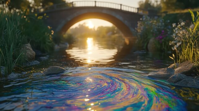 Iridescent oil slick swirls in a sunlit river beneath an old stone bridge, reflecting nature's beauty and environmental concerns