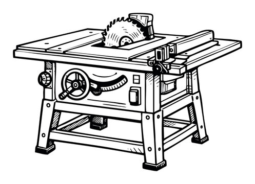 Table saw drawing showing industrial power tools for wood cutting work, craftsmanship, and household workshop equipment usage