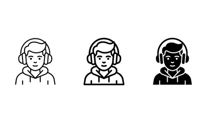Fototapeta premium Modern Music Lover Icons, Young Person with Headphones, Casual Hoodie Style, Audio Entertainment Symbols