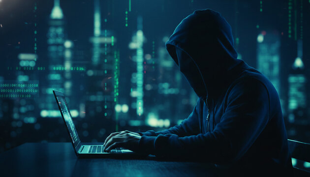 A hooded figure types on a laptop in front of a blurry cityscape with binary code elements, representing cybercrime and digital threats