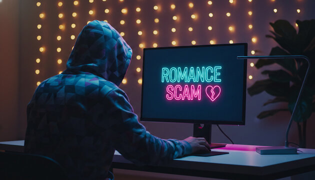 Person in hooded jacket using computer screen displaying "Romance Scam" with broken heart, symbolizing online deception and emotional manipulation