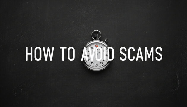 Silver stopwatch on a textured dark background, with text "HOW TO AVOID SCAMS", symbolizing caution and awareness in financial matters