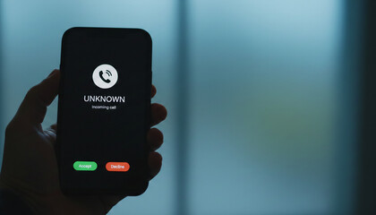 Naklejka premium Hand holding a smartphone displaying an incoming call from an unknown number with accept and decline buttons, symbolizing communication choice, privacy concern, or potential scam.