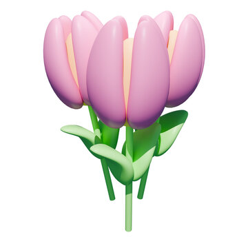 Pastel pink 3d tulip flowers bouquet with green leaves