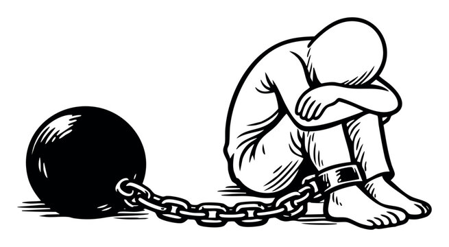 Person sitting on floor with head buried in arms, shackled to a heavy ball and chain, depicting concepts of oppression and despair