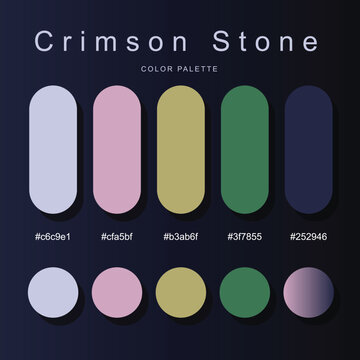 Crimson Stone color palette poster with elegant lavender, pink, mustard, green, and navy capsule and circular swatches, visible hex codes, and clean dark layout for branding and UI UX design