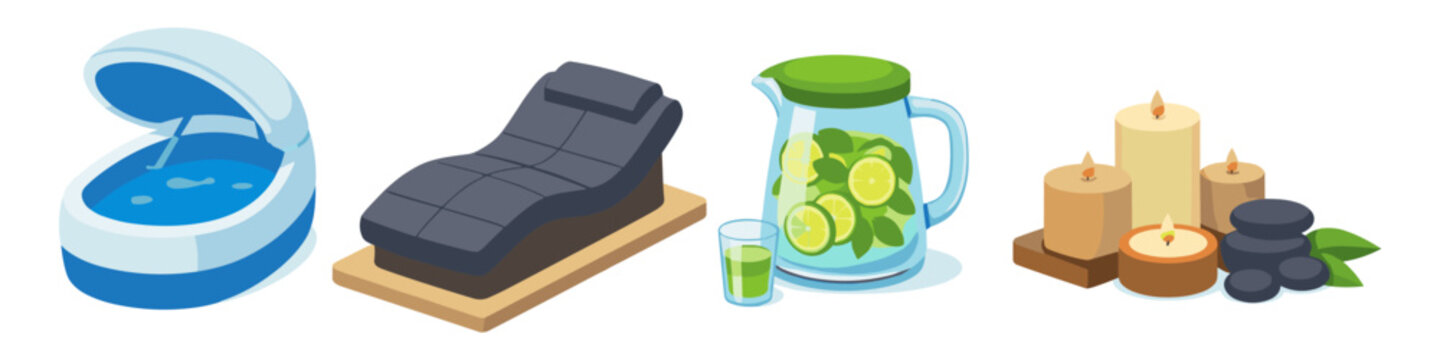 Spa and wellness elements including flotation tank, massage lounger, infused water, and candles