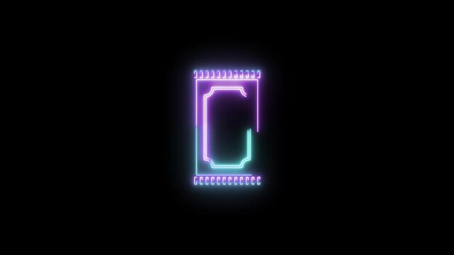 Neon glowing purple and green microchip on black background