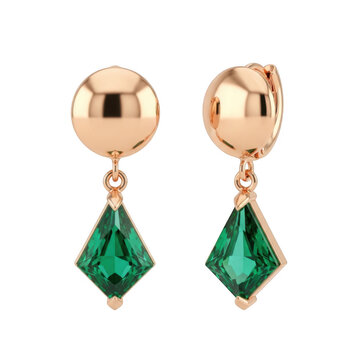 Gold earrings with green gemstone dangle isolated