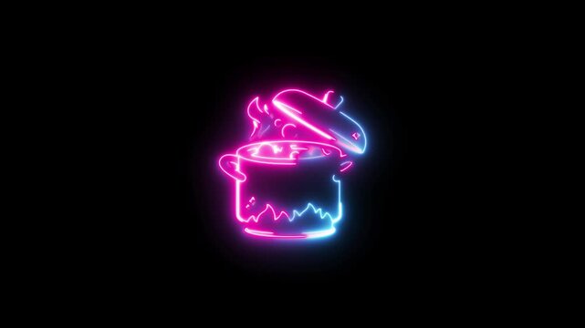 Neon pink and blue glowing cauldron with steam and spoon on black background
