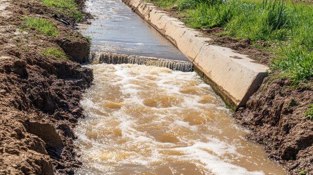 Turbulent muddy irrigation canal with agricultural runoff flowing through concrete channel amidst sunlit rural fields