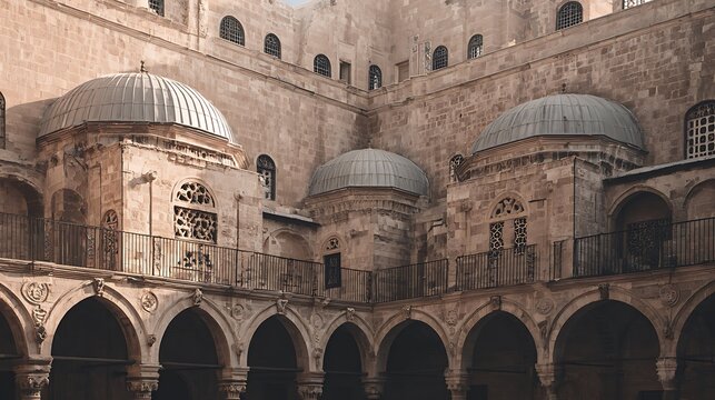 Intricate stone architecture of an ancient religious complex with multiple domes and arched courtyards, showcasing historical craftsmanship and timeless design.