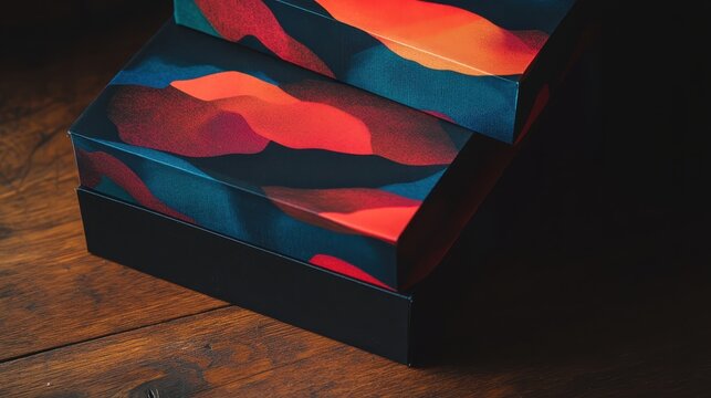 Two stacked boxes with vibrant abstract colorful designs showcasing modern packaging