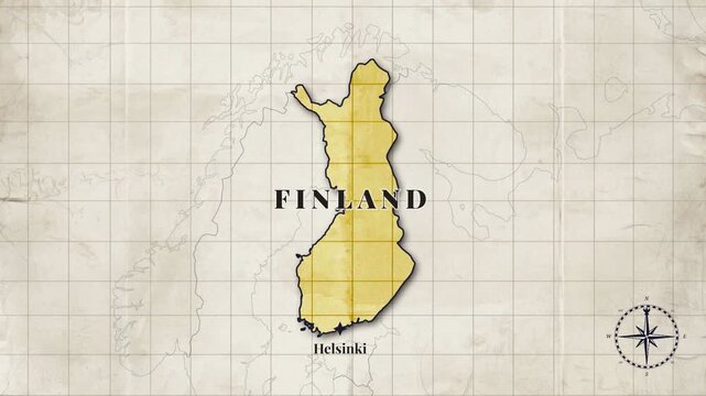 Vintage Finland Map Animation with Helsinki Location on Antique Paper Background