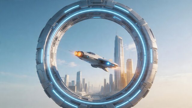 Futuristic spacecraft through circular portal