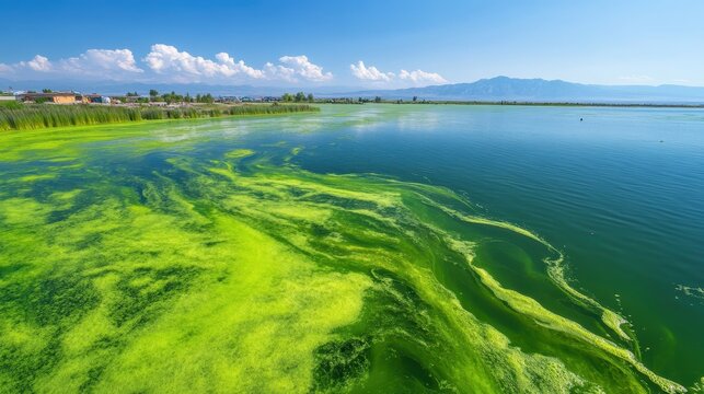 Vibrant green algae bloom creates colorful streaks on the surface of a large lake under a clear blue sky