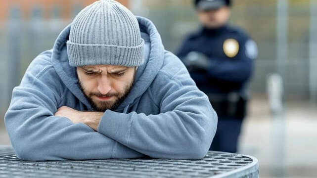 A sad man sitting at a table with a police officer standing in the background, looking concerned.