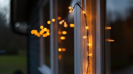 Naklejka premium Warm festive string lights illuminating a window on a dark evening, creating a cozy holiday atmosphere.