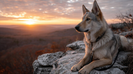Fototapeta premium Trail dog resting on a mountain peak at sunset, enjoying the vast scenic vista after a hike, embodying adventure, exploration, loyalty, and freedom in nature