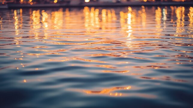 Warm orange lights reflect on rippling water surface in a dimly lit urban evening setting