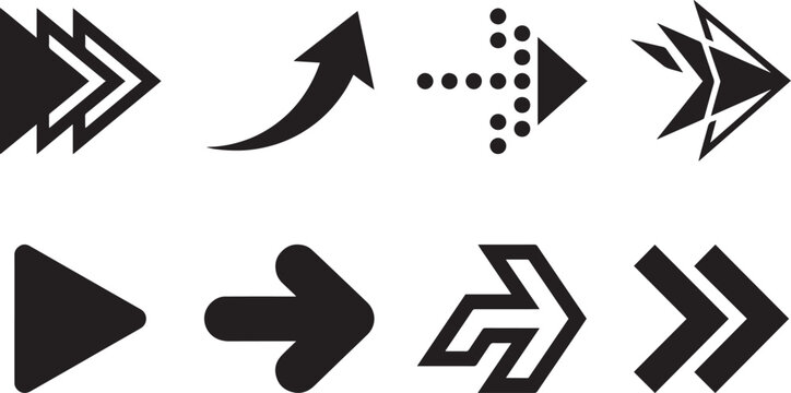 Modern arrow vector set black abstract pointers dotted chevron and curved directional silhouettes