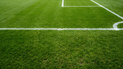 Obraz premium Close up soccer field grass texture with white corner lines