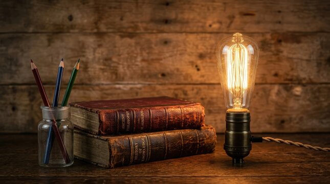 Vintage study desk with books colored pencils and edison bulb lamp