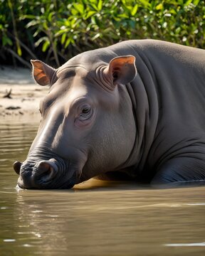 A babirusa pig hybrid fictional species, digitally created animal,  in a sun warmed sandbar