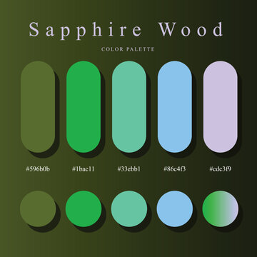 Sapphire Wood color palette poster with green, aqua, blue, lavender tones, rounded capsule swatches, hex codes, dark background, branding.