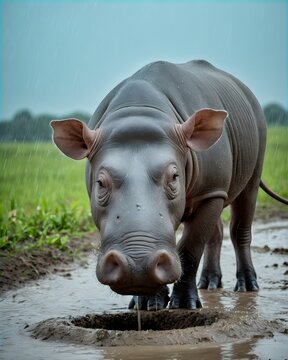 A babirusa pig hybrid fictional species, digitally created animal,  in an endless rain horizon