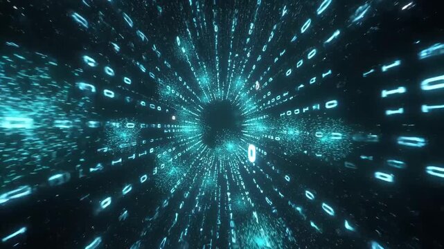 Glowing binary digits swirling in dynamic abstract style on dark background, concept of digital flow and deep data space