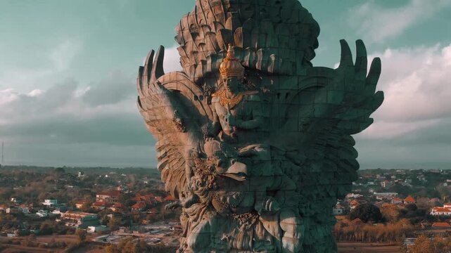 Majestic giant statue of Hindu god Vishnu riding mythical bird Garuda aerial drone view 4K