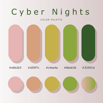 Muted color palette with pink, olive, forest green capsule and circular swatches. Displays hex codes, asymmetrical gradient accent for modern branding.