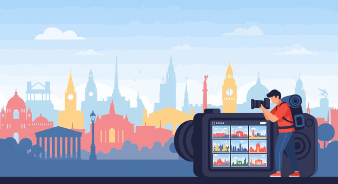 Travel Photography with Landmark Silhouettes and Camera Illustration
