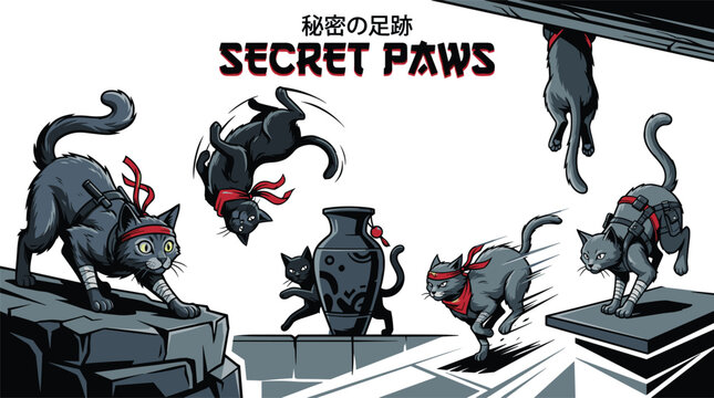 Secret Paws ninja cat stealth action set with black feline characters climbing, jumping, and sneaking around vases, martial arts warrior vector illustration