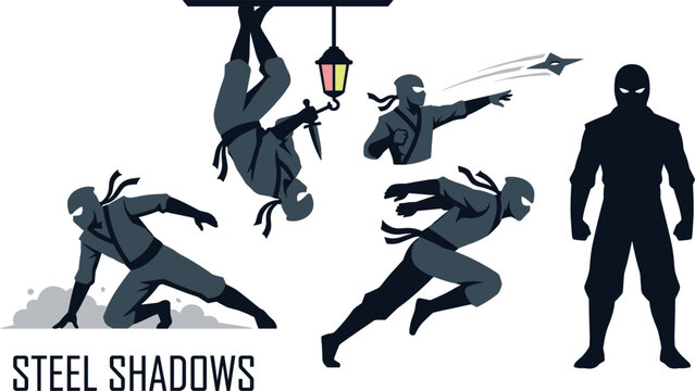 Steel Shadows ninja stealth action set with characters throwing shuriken, hanging, running, and crouching in dark silhouette style, martial arts warrior vector illustration
