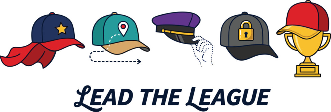 Lead the league leadership progression concept with superhero cape, location, conductor, security and trophy caps hats journey to success achievement vector illustration