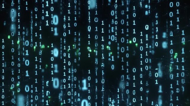 Bright binary digits cascading in neon graphic style over a dark tech backdrop, symbolizing data flow and digital communication