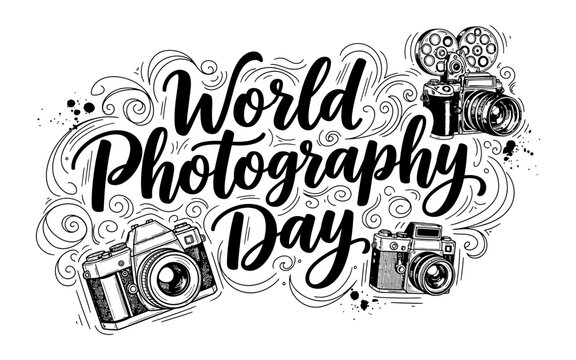 Hand-drawn sketch illustration for World photography day with multiple vintage cameras and film gear on a white background World Photography Day