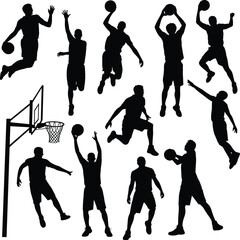 Basketball player silhouettes set with hoop and action poses isolated vector illustration for sports design and athletic themes © MdAbdullahAl