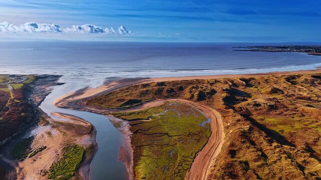 Aerial View of Coastal River Mouth with Sand Dunes and Open Sea. A river mouth meets the open sea beside extensive sand dunes and green salt marsh with a port town on the far horizon.