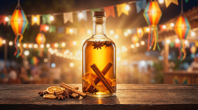 Premium Cacha&ccedil;a Bottle Infused with Cinnamon and Star Anise on Wooden Table at Festa Junina