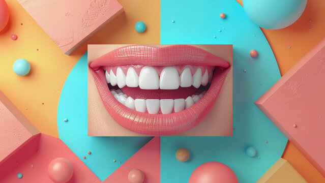 3D conceptual illustration of a perfect smile in a geometric abstract setting. High-end dentistry concept with pastel colors, spheres and cubes. Creative dental healthcare marketing asset.