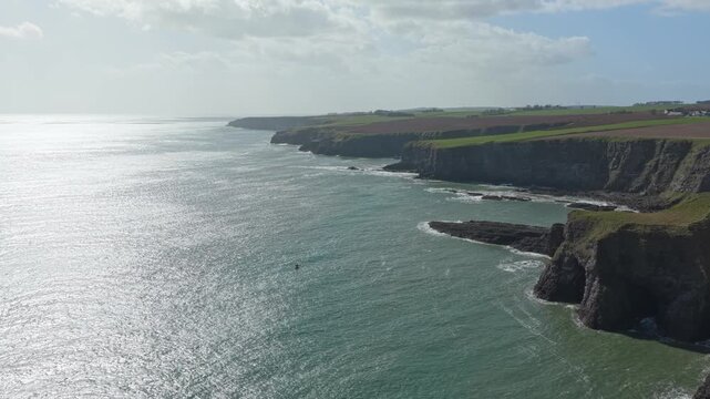 Stonehaven cliffs aerial view on the north sea coast of scotland